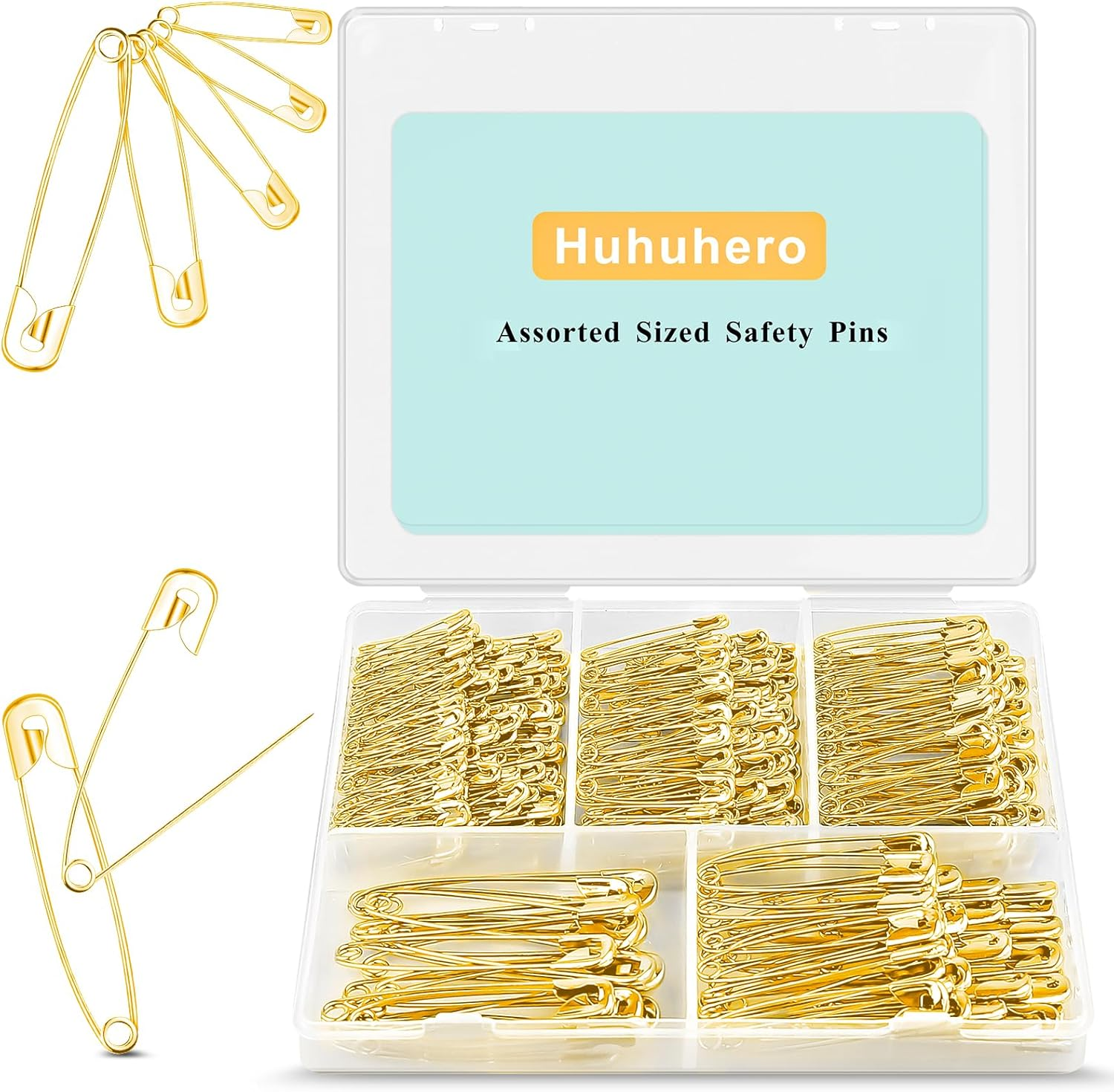 Huhuhero 340 Pack Safety Pins Assorted, Small and Large Safety Pins for Clothes Costume, 5 Different Sizes Nickel Plated Steel Pin Bulk, Sewing Crafts Art Supplies, Silver