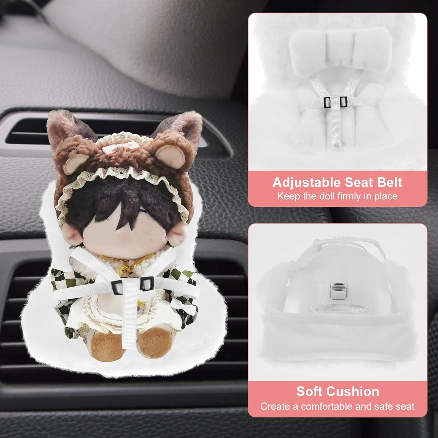 Car Seat for Dolls with Soft Furry Cushion, Car Ornament for Accessories Suit, Decorative Car Sofa Seat, Cute Air Vent Decor to Display Doll Toy for Fans and Collectors (White)