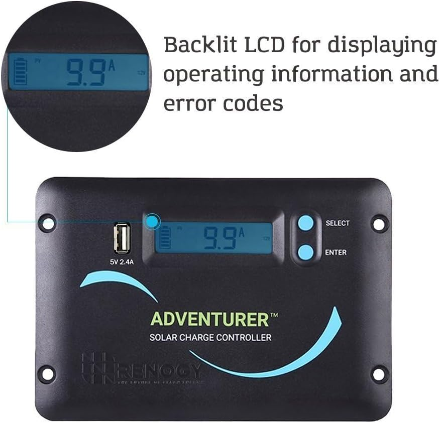 Renogy 30A 12V/24V PWM Solar Charge Controller with LCD Display Flush Mount Design Negative Ground, Compatible with Sealed, Gel, Flooded and Lithium Batteries, Adventurer 30A,Black image number 4