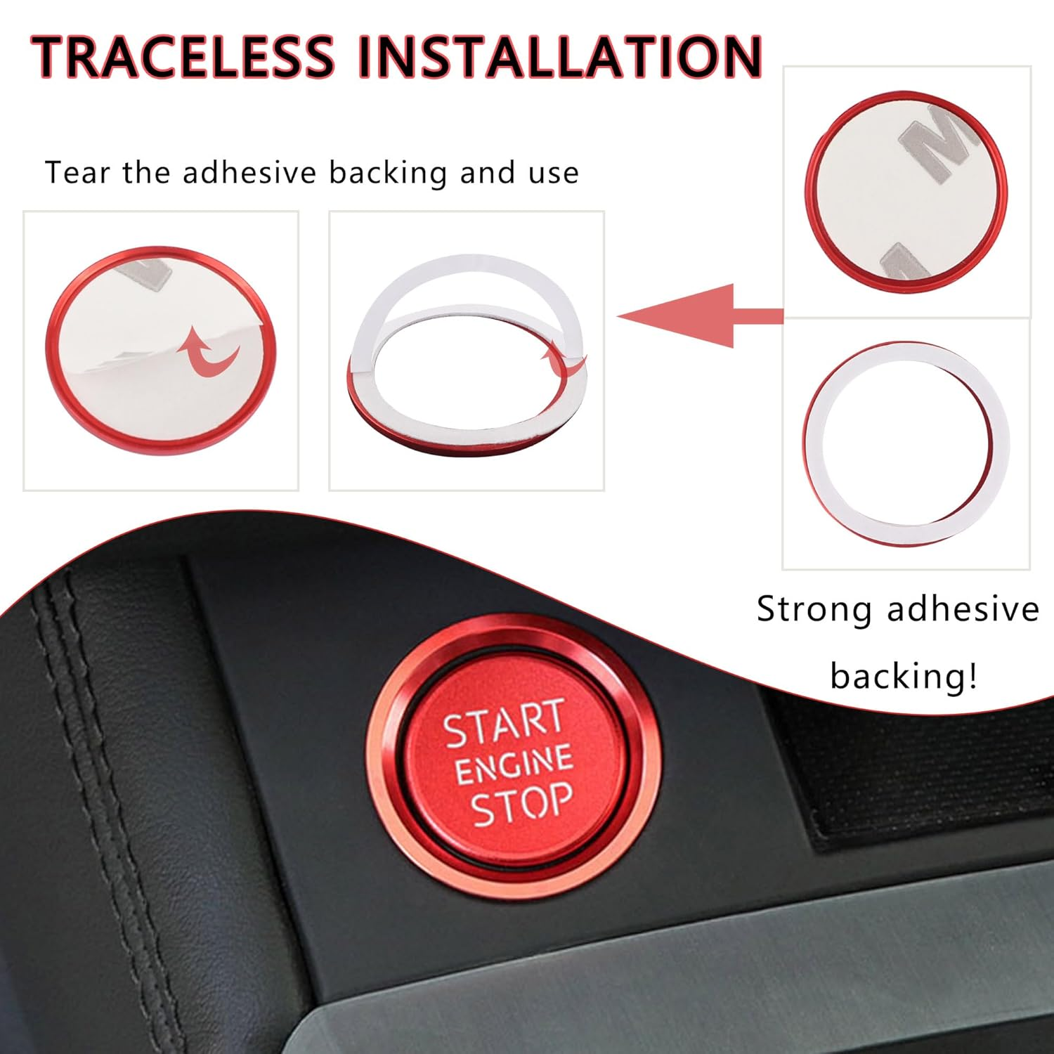 Car Push Start Button Cover for Audi Cool Aluminum Engine Start Button Cover with Metal Ring Car Decoration Car Accessories Interior Start Stop Button Cover (Red) - Blue image number 3