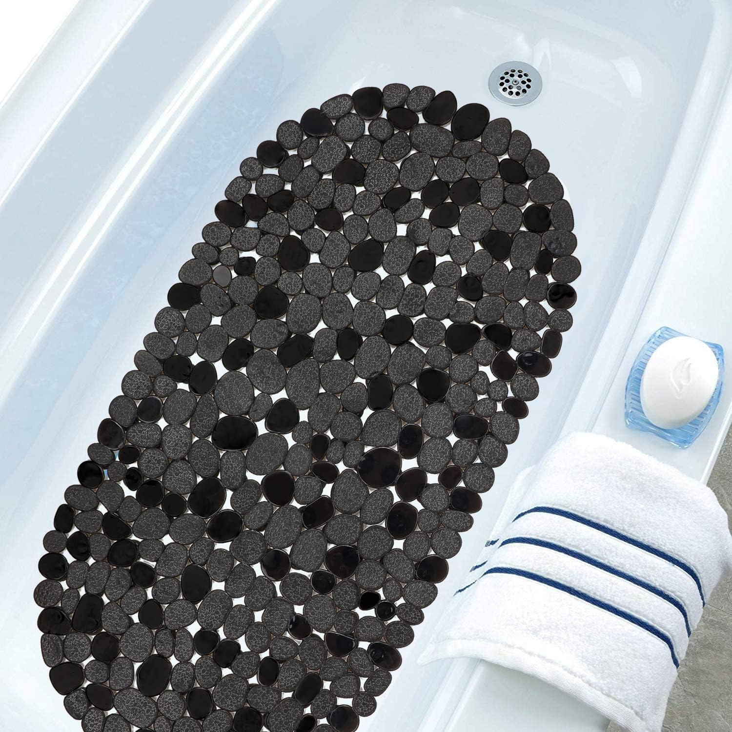 WELTRXE Pebbles Bath Mat for Tub Black Non-Slip Bathtub Mat with Suction Cups, Drain Holes for Bathroom Showers, Tub, Machine Washable, BPA, Latex Free Oval Shower Mats Bath Tub Mat, 27 X 14 Inch