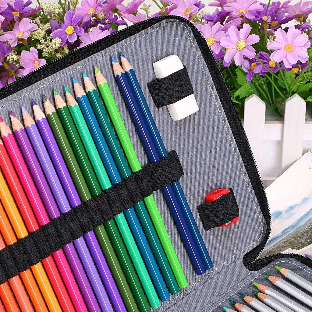 200 Slots Colored Pencil Organizer - Deluxe PU Leather Pencil Case Holder with Removal Handle Strap Pencil Box Large for Colored Pencils Watercolor Pencils (Slots Black) - Black Flamingo image number 5
