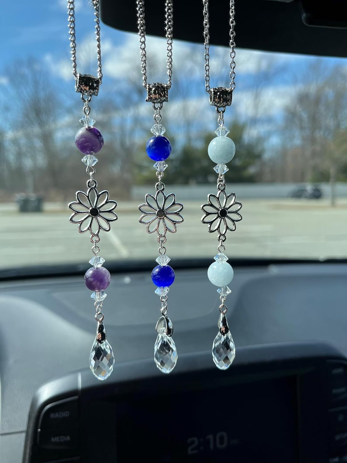 Agromusk Flower Rear View Mirror Car Charms,Crystal BOHO Car Mirror Hanging Decor for Women Men Healing Blue Aquamarine Sun Catcher Cute Car Decorations Accessories image number 6
