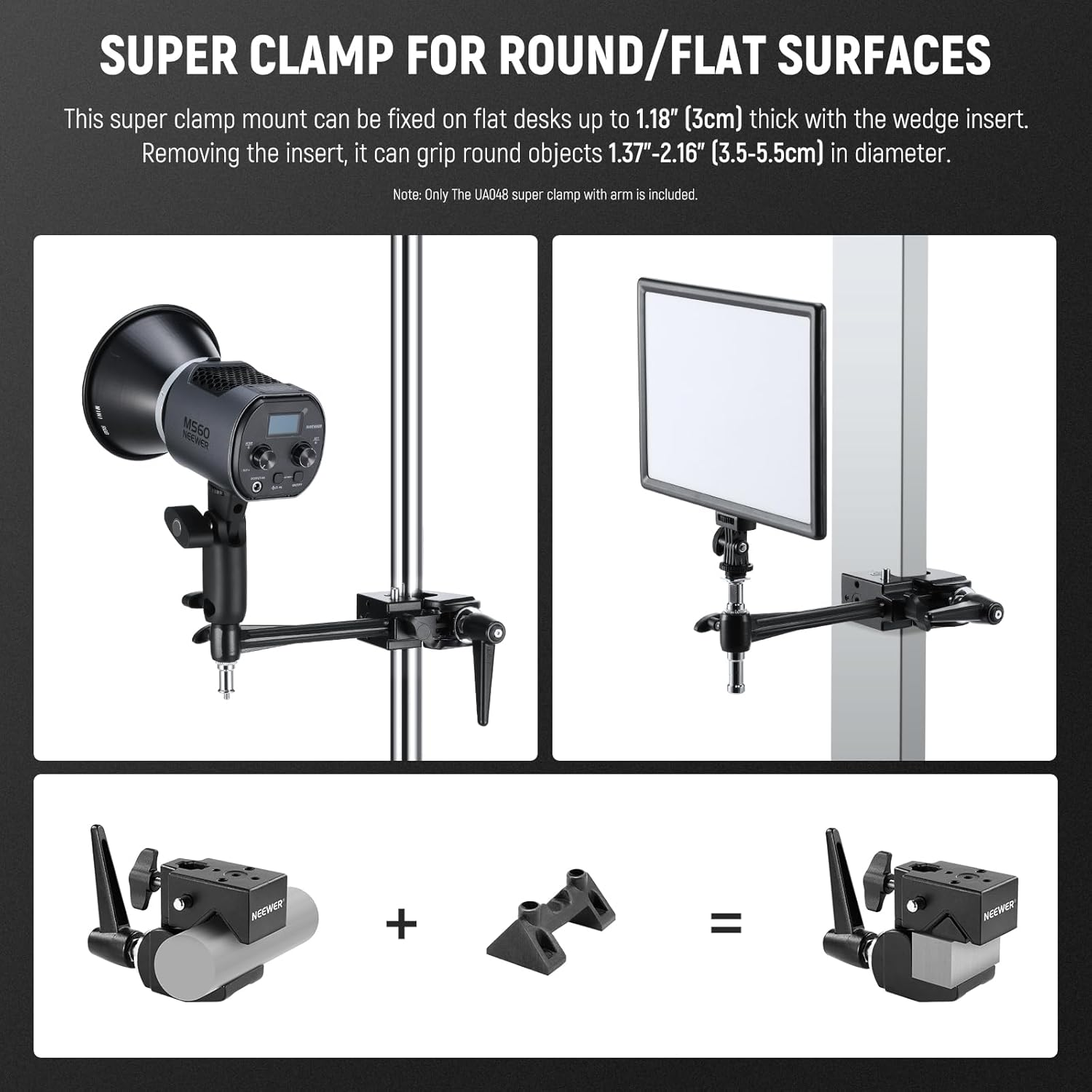 NEEWER Super Clamp with 6" Extension Arm, 5/8" Stud, 2.4" Jaw Grip Heavy Duty Crab Pole Clamp for round Pipe Flat Surface, for Photography Studio Camera Lighting Mounting, Max Load 33Lb/15Kg