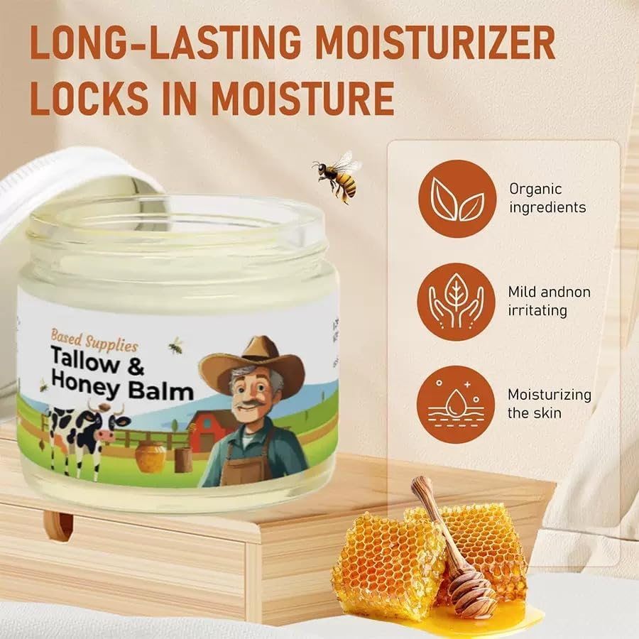 Tallow and Honey Balm, Beef Tallow for Skin, Honey Balm Handmade Tallow with Grass-Fed Beef Tallows and Wild Raw Honeys, Face Moisturizer Nourishing Tallows for Smooth Hydrated Skin image number 3
