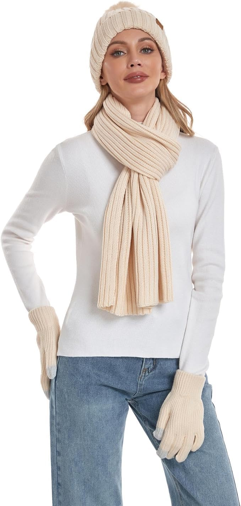 Womens Long Scarf Gloves and Hat Set Cold Weather Hat Scarf Glove Set for Women Winter Beanie Hats with Pom Pom