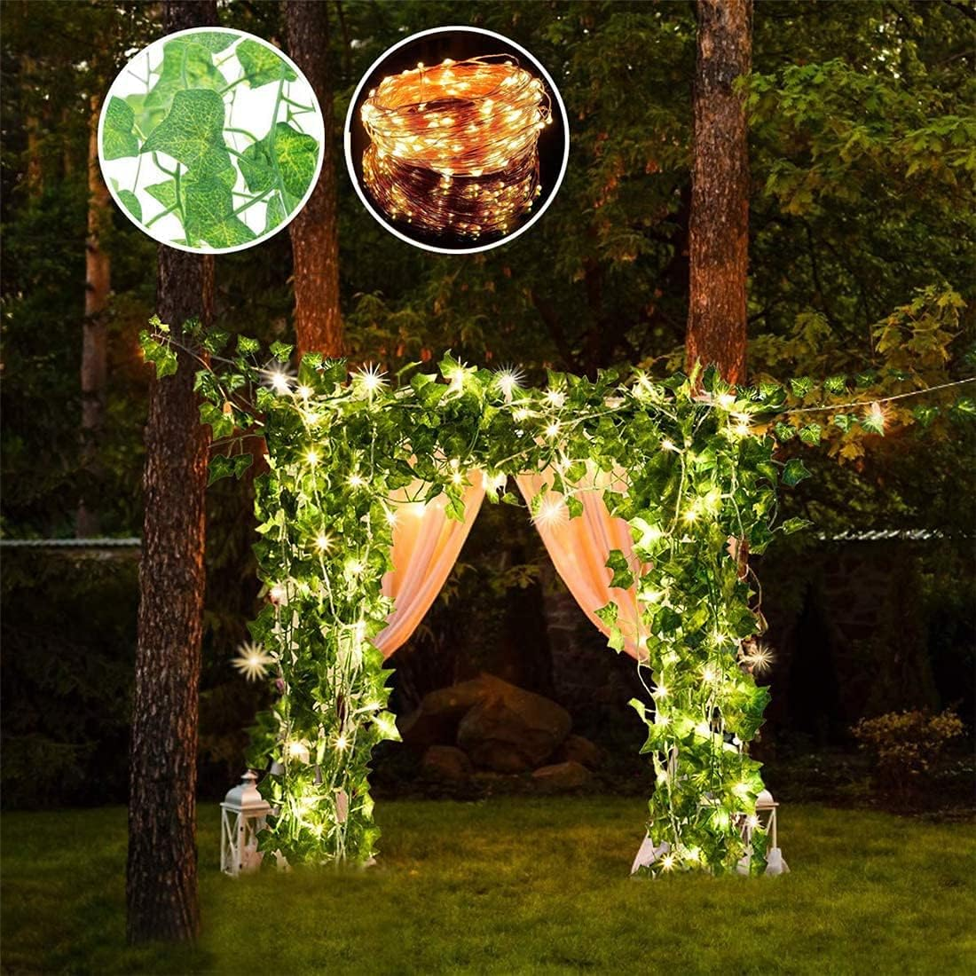 168 FT Artificial Ivy 24 Pack Ivy Vine Garland Ivy Leaves Greenery Garlands Hanging with 400 LED String Light Fake Leaf Plants Faux Green Flowers Decor for Home Kitchen Garden Office Wedding Wall
