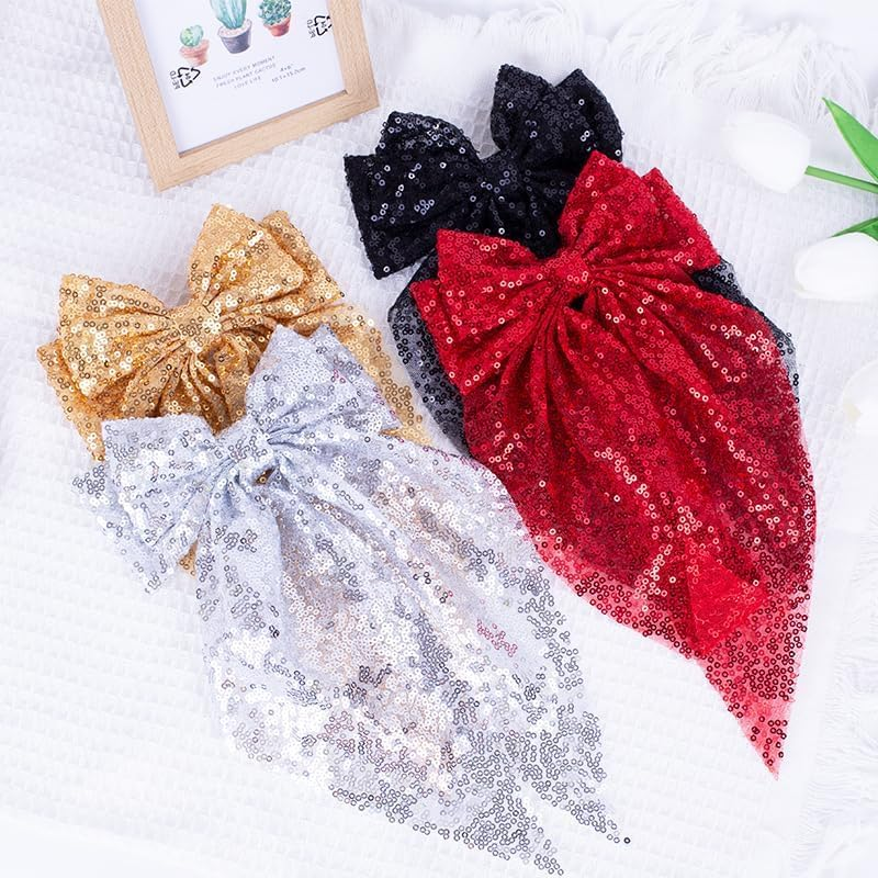 Sparkly Sequin Hair Bows for Women Girls Gold Glitter Hair Bows with Long Tail Large Hair Barrettes Hair Clips Bling Hair Accessories for Christmas Holiday Birthday Party - Gold image number 3