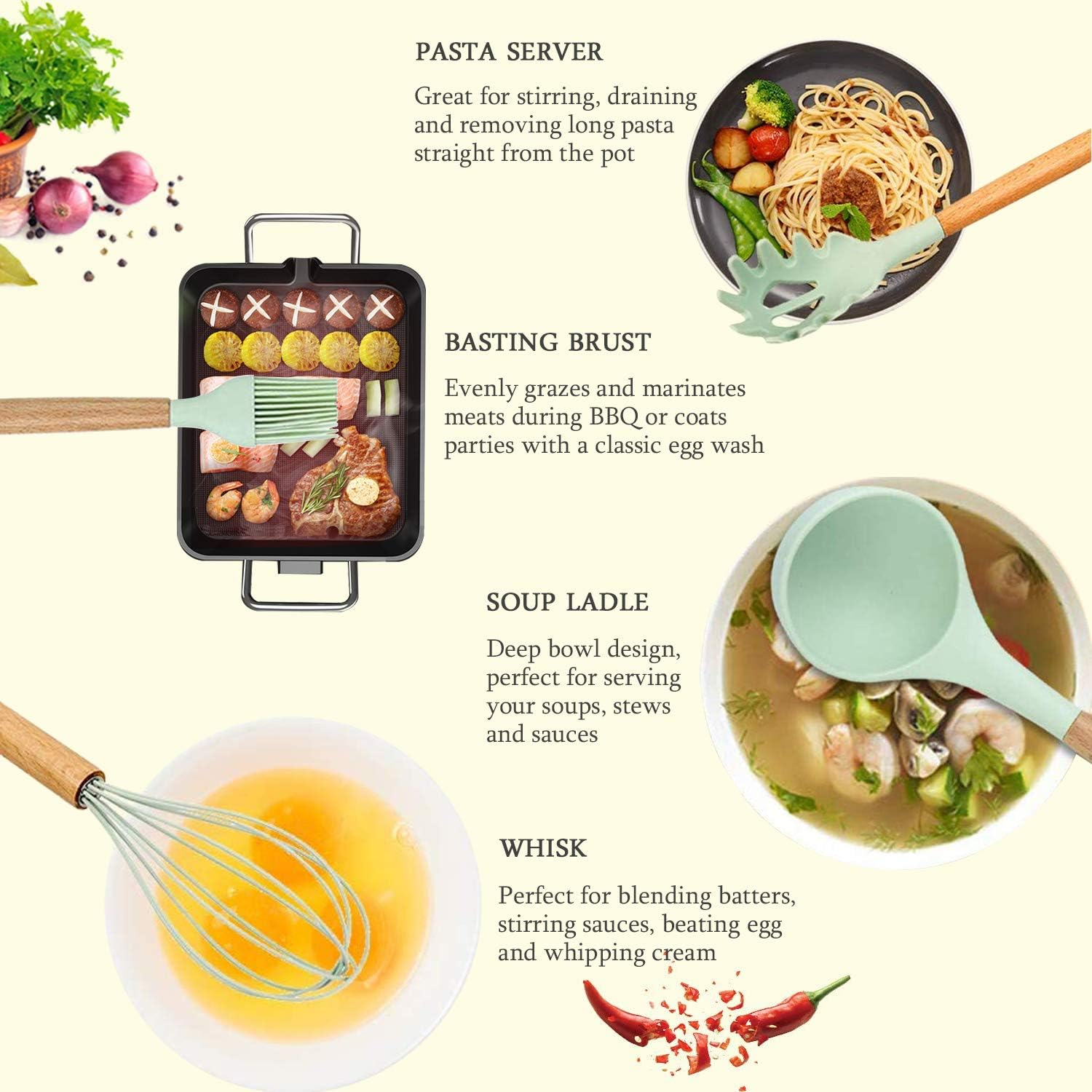 Kagoling Kitchen Utensil Set, Silicone Kitchen Utensils, Non-Stick Heat Resistant Kitchen Utensil Set with Wooden Handle, 12 Pieces, Kitchen Appliance Including Spoons, Tongs, Whisk, Spatula image number 3