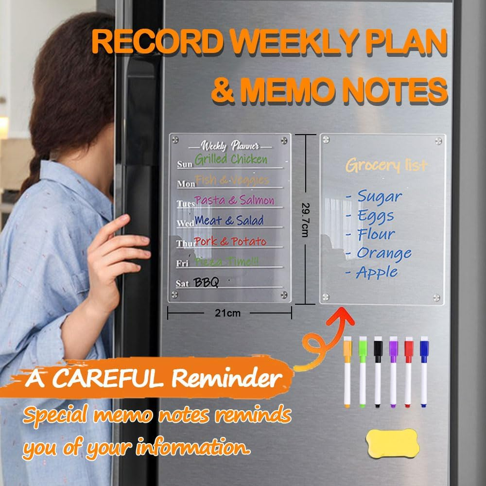 3Pcs Magnetic Acrylic Calendar for Fridge,Fridge Calendar Dry Erase Magnetic Planning Boards Acrylic Planner Monthly+Weekly Board+Memo Demos with 6 Markers+1 Erase(Clear) image number 4