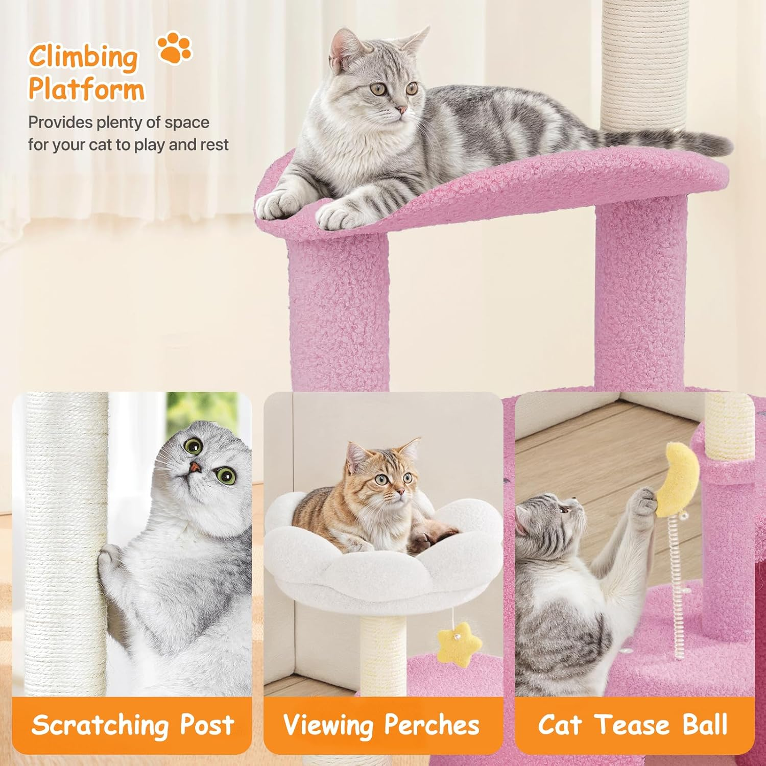 Athena Collection Small Cat Tree Condo with Sisal Scratching Post, 33 Inch Modern Cute Flower Cat Tree Tower with Cozy Perch Toy Ball for Indoor, Kittens, Purple image number 6