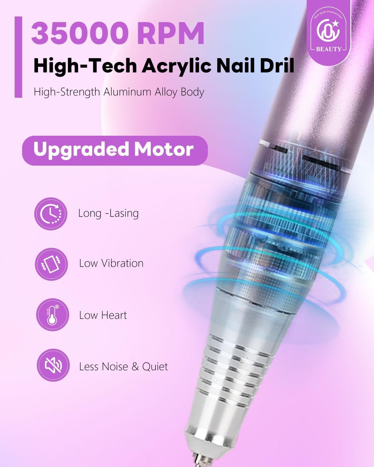 Cozyzen Cordless Professional Nail Drill, 35,000 RPM Rechargeable Electric Nail File, Portable E-File Machine with Extended Battery Life, Lightweight Design for Manicure & Pedicure