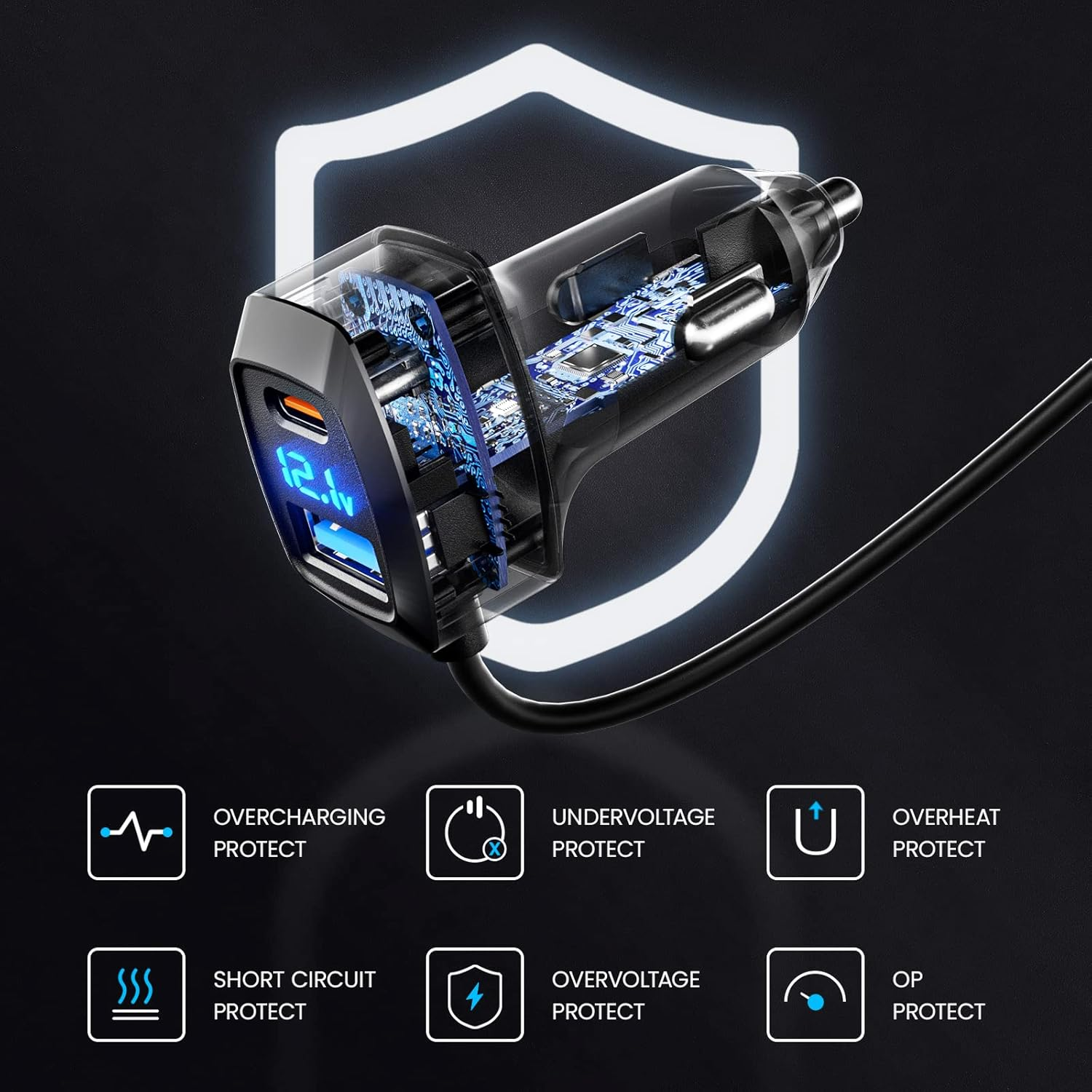 LENCENT 5 Multi Ports Type C Car Charger, 31W USB C Charger Adapter, Compatible for Phone, Voltage Detection, Multiple Car Cigarette Lighter Adapter with 1.5M Cable for Back Seat Charging