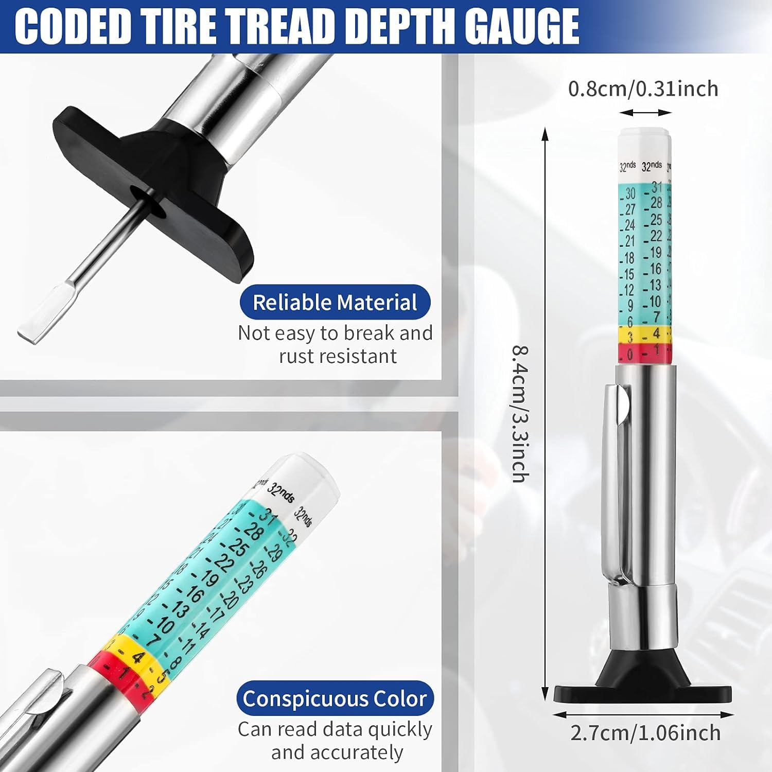 FANGXIN 3 Pieces Tire Tread Depth Gauge Tool Digital Tire Tread Depth Gauge Brake Lining Thickness Gauge Coded Tire Tread Depth Gauge Automotive Brake Pad Measure Ruler for Motorcycle, Car and Truck image number 2