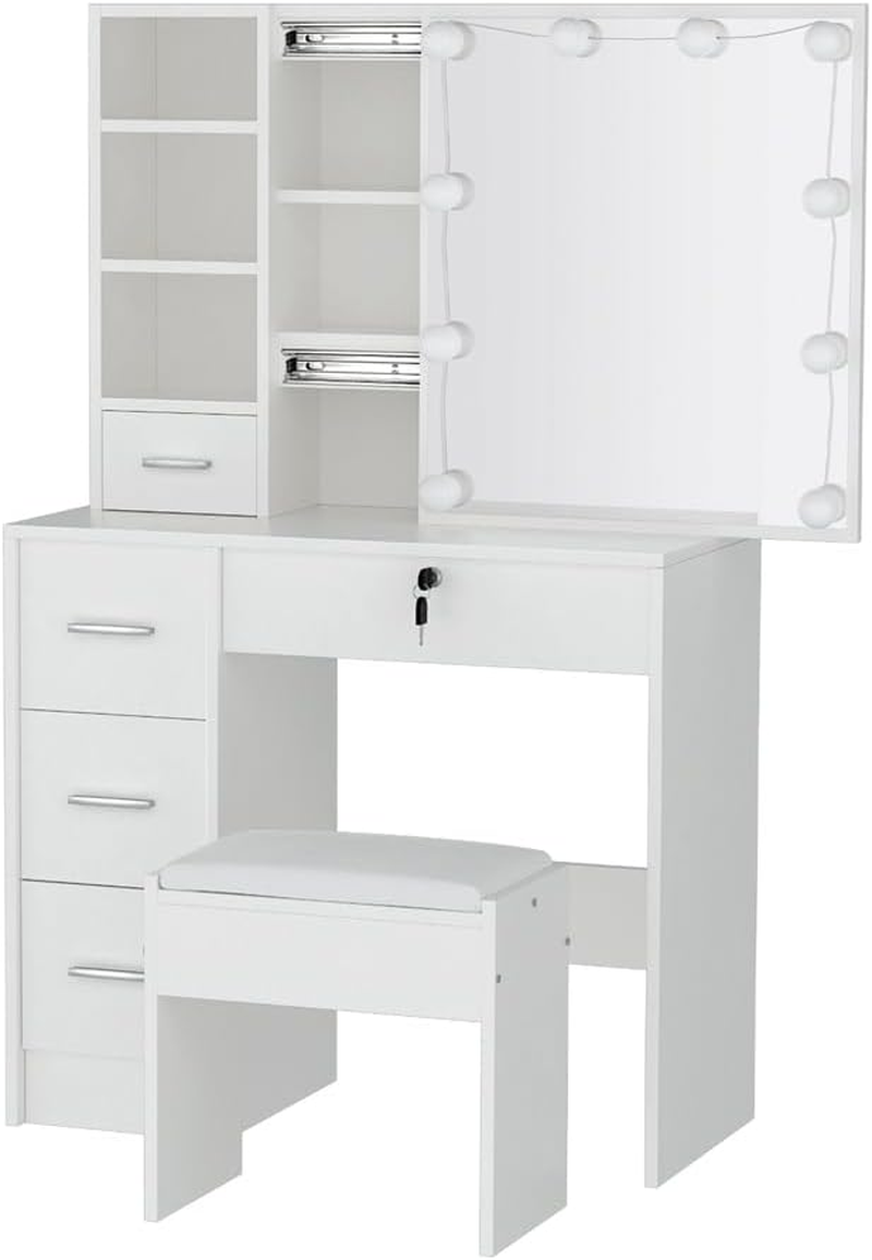 Artiss Dressing Table, Dressing Table with Mirror Lights 10 LED Bulbs Makeup Vanity Desk with Mirror Chair Stool Set Wooden, Home Bedroom Furniture Girls Women Organisers, Drawer Shelf Tabletop White image number 6