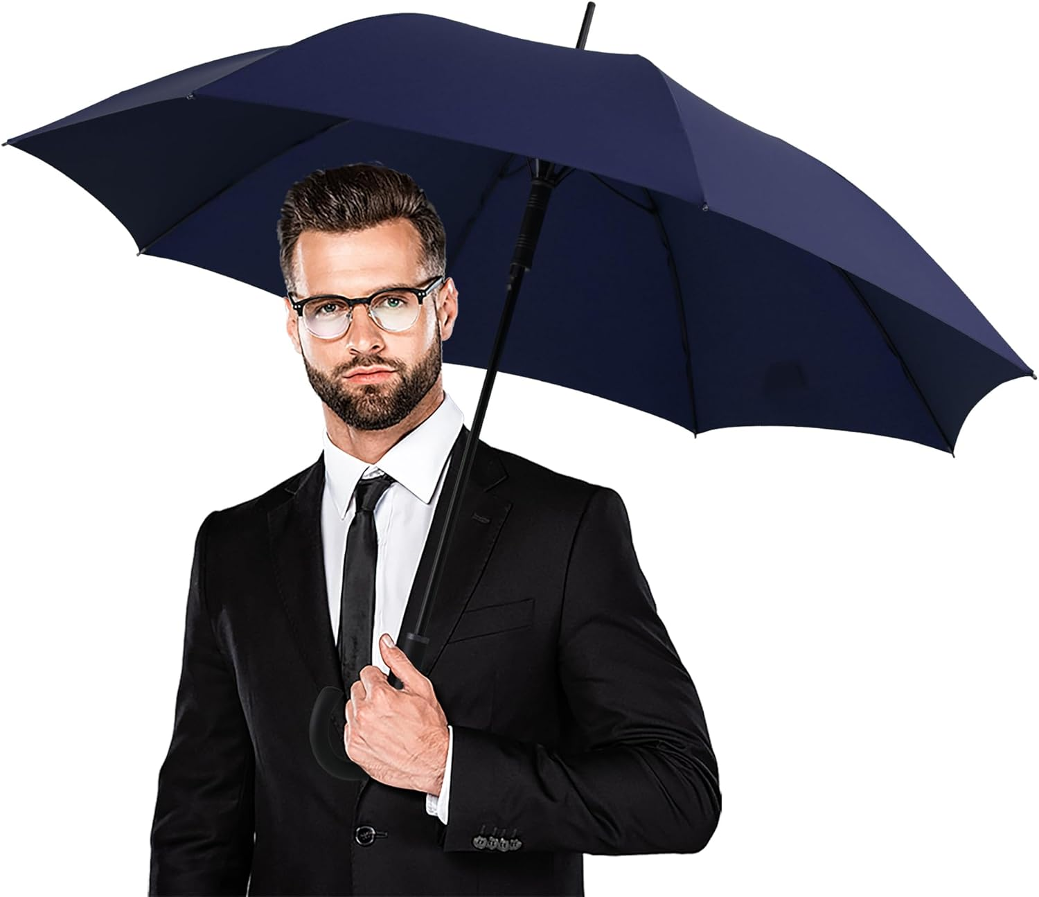 Large Stick Umbrella Windproof Automatic Open 50 Inch Umbrella with Hook Handle,Over Sized J Handle Umbrellas for Men and Women,Windproof Unbreakable Stick Rain Golf Umbrella. - Black image number 4