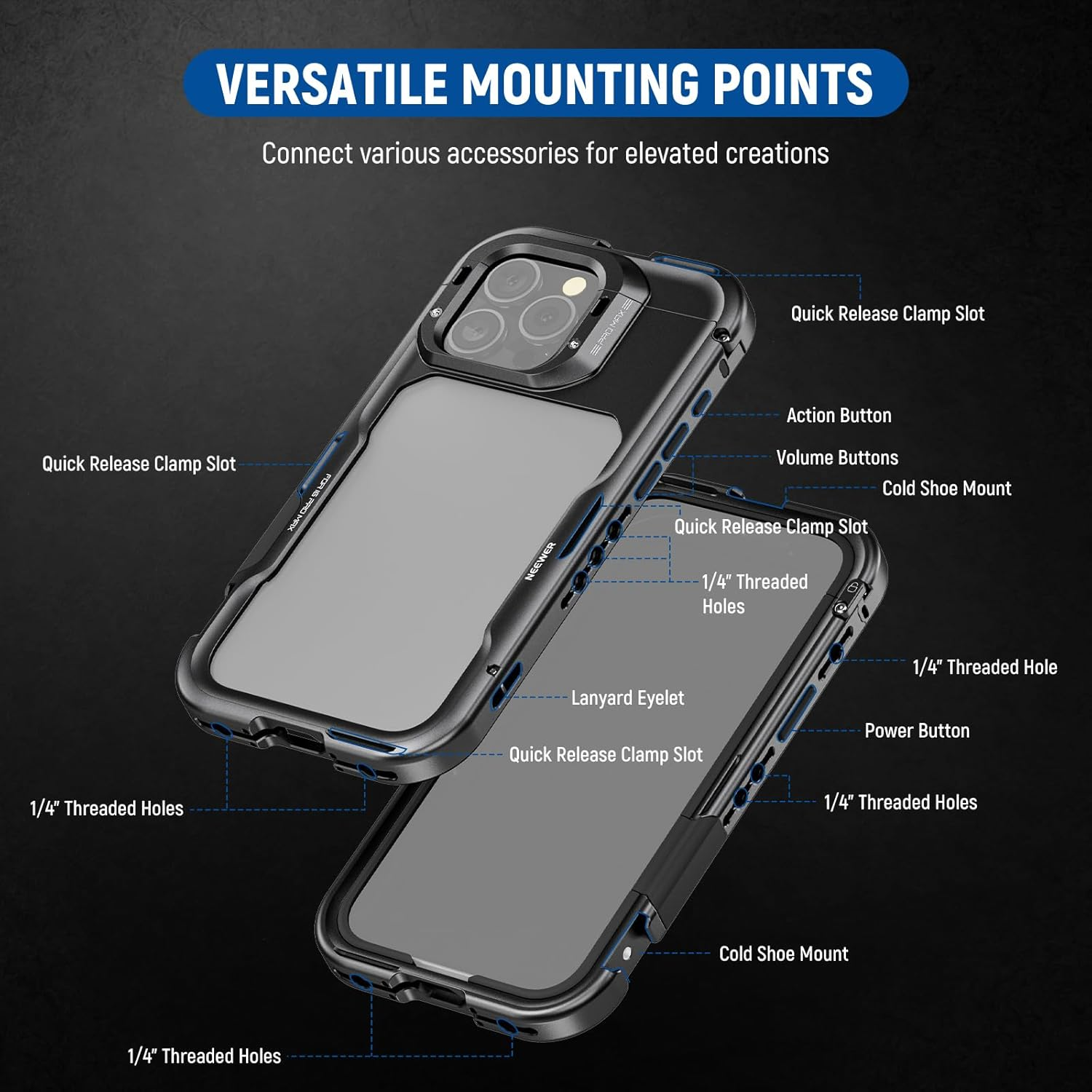 NEEWER 16 Pro Max Cage, Quick Release Video Rig Phone Stabilizer Compatible with Iphone 16 Pro Max with 67Mm Filter Adapter, 17Mm Lens Backplate, T Mount Lens Adapter Compatible with Moment, PA074 image number 2