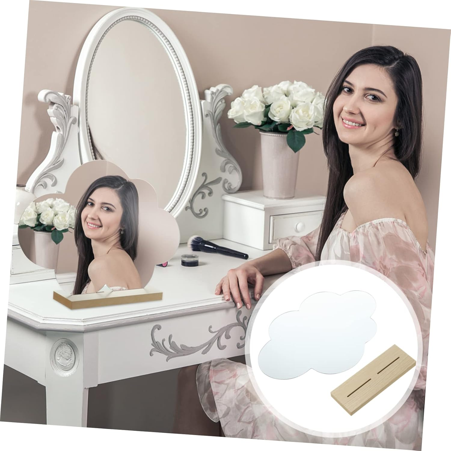 PLAFOPE Wooden Makeup Mirror Desktop Dresser Vanity Wavy Stable Makeup Vanity Desk image number 6