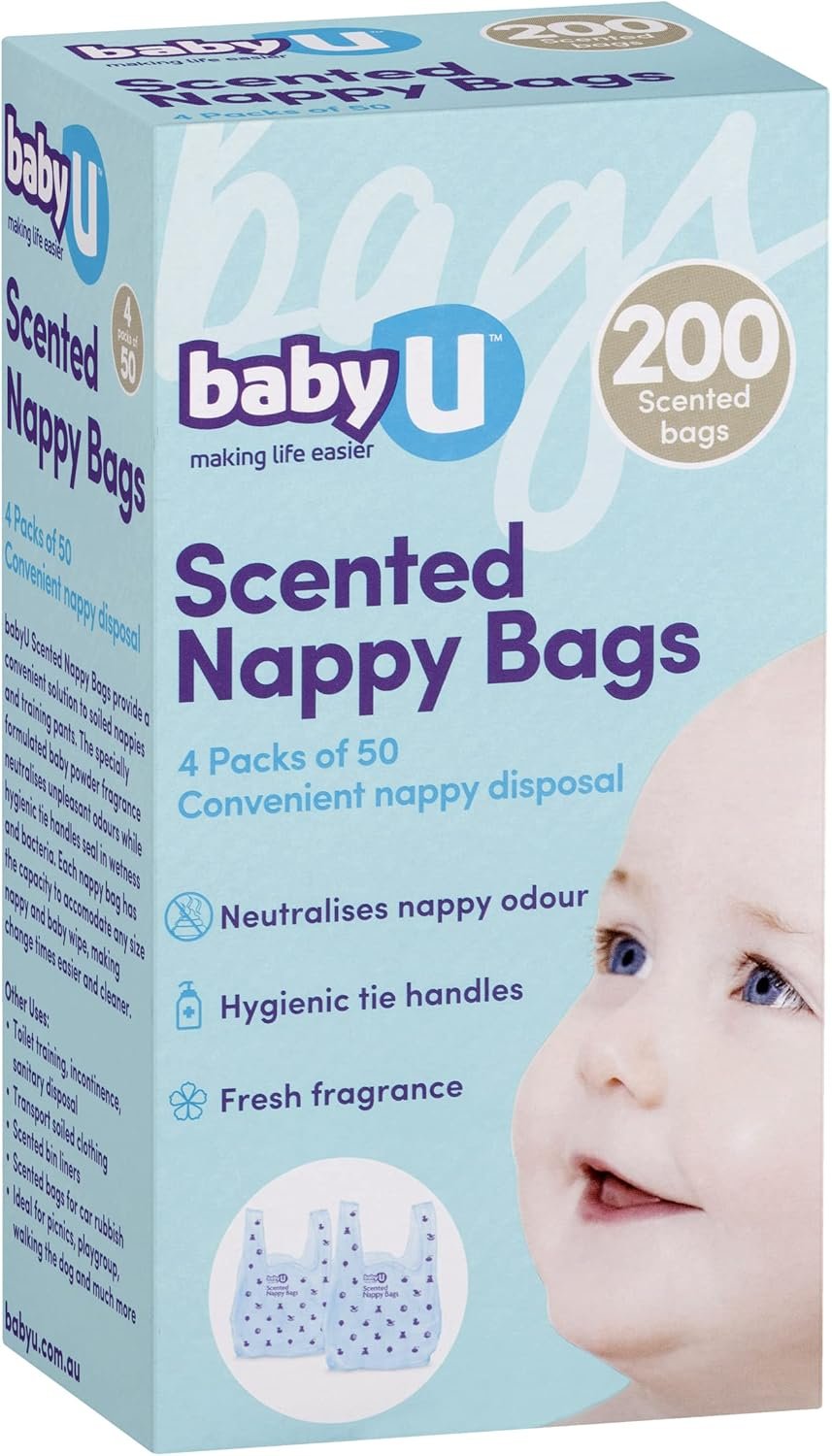 Babyu Scented Nappy Bags Convenient Nappy Disposal Neutralises Nappy Odour Hygienic Tie Handles 200Pk image number 3