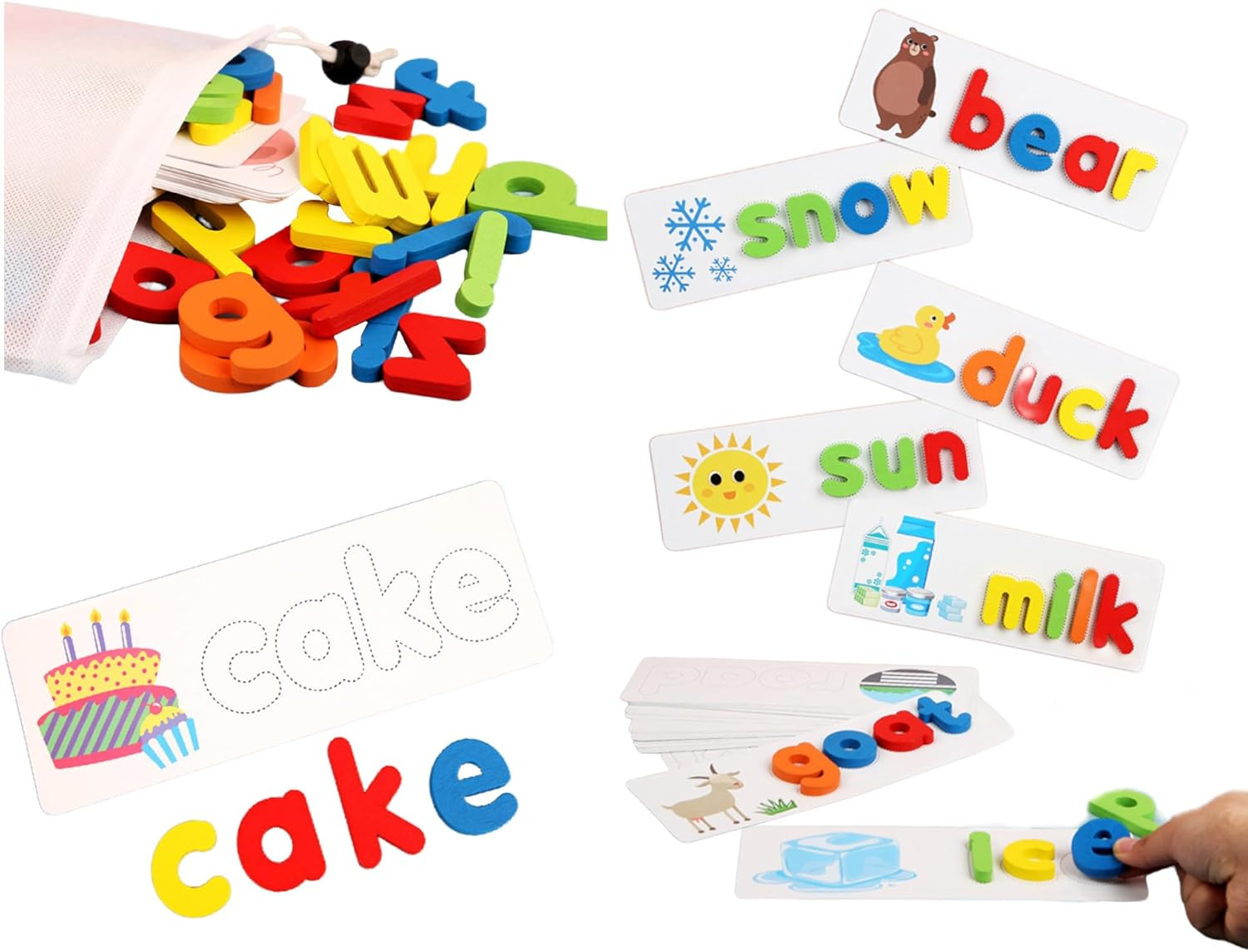 BEACENOV Toddler Reading and Spelling Learning Toys,52 Wooden ABC Alphabet & 28 Words Flash Cards,Montessori Preschool Learning Educational Toy,Letter Matching Game image number 1