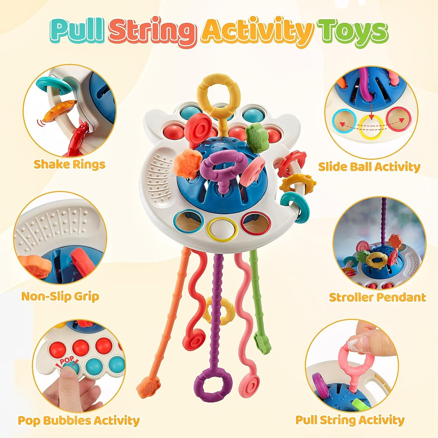 Oundarm 5 in 1 Montessori Sensory Toys for Baby Toddlers Pull String Activity Toy Stacking Cups Shape Sorter Cube Animals Tissue Box Wooden Geometric Shape Puzzles Educational Toys for 1 2 3 Years Old image number 1