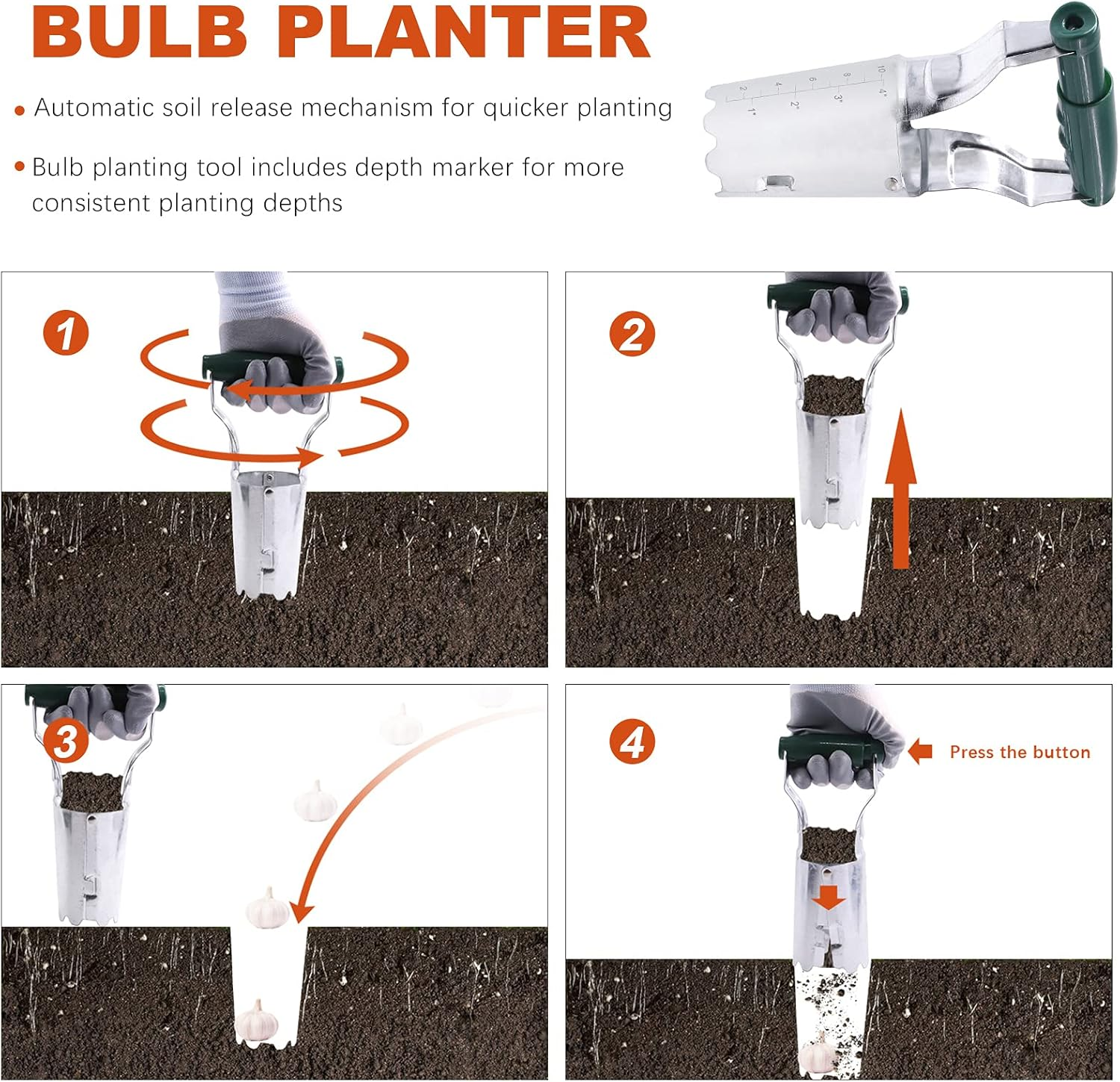 Tanstic 8Pcs Bulb Planter Set Includes Bulb Planter with Depth Markers, Garden Transplant Trowel, Transplanter Seeds Dispenser Set and Gardening Gloves for Tulips, Daffodils, Dahlias image number 1
