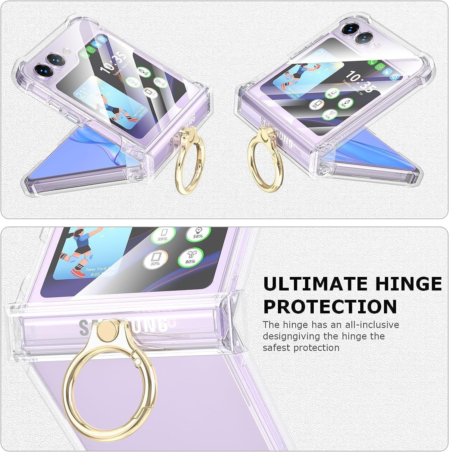 ELEPIK for Samsung Flip 5 Case with Hinge Protection, Samsung Galaxy Z Flip 5 Case with Ring Kickstand [Back Window Screen Protector] Protective Cover for Samsung Galaxy Z Flip 5 5G, Clear. image number 3