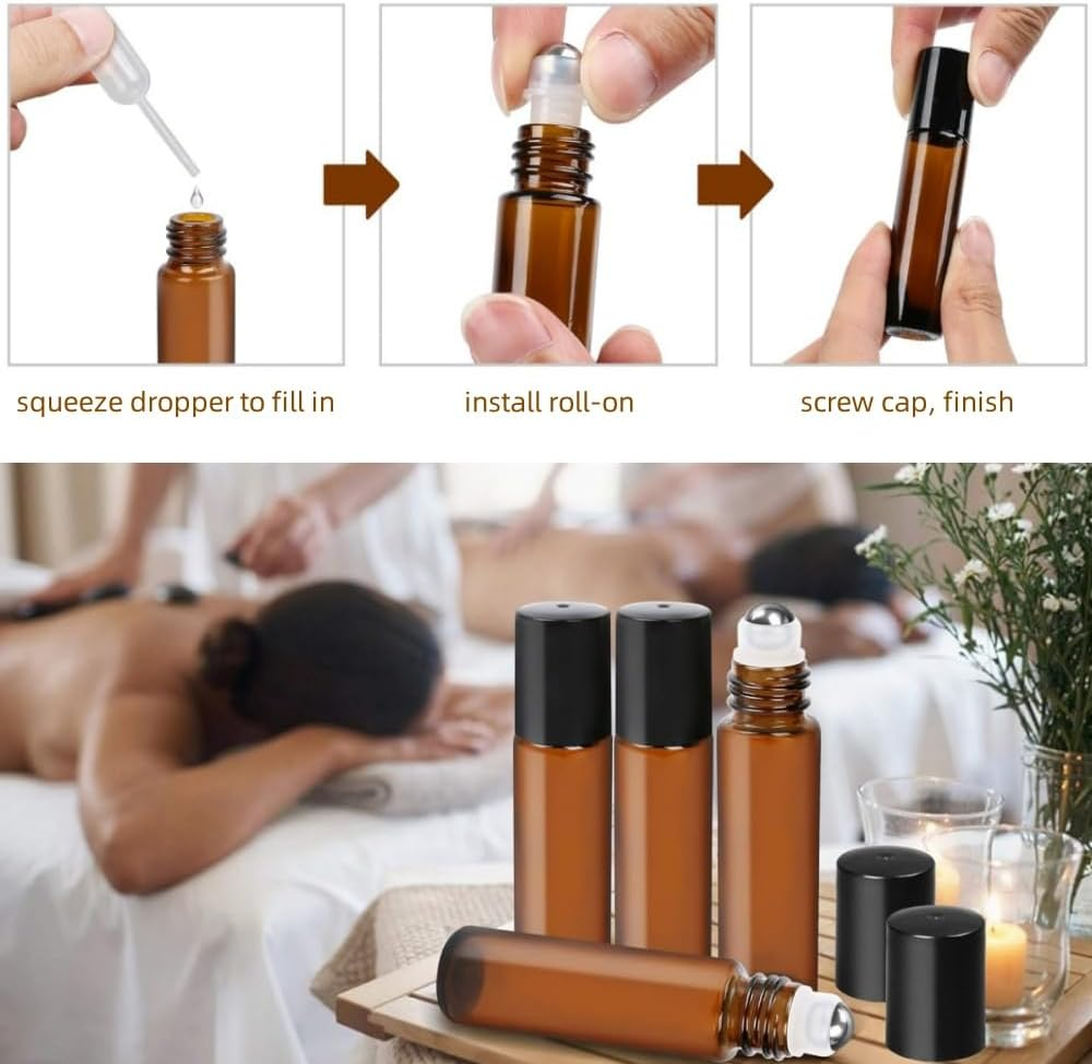 6 Pack Roll on Bottles, 5Ml/10Ml Roller Bottles for Essential Oils, Amber Thick Glass Roller Bottles for Oils, with Stainless Steel Roller Balls, 2 Droppers image number 2