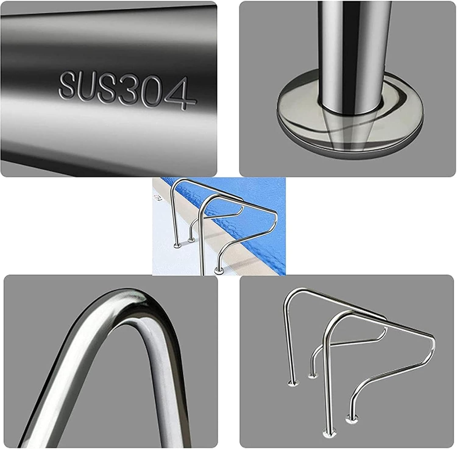 304 Stainless Steel Pool Rail with 4Ft Blue Grip Cover - Swimming Pool Handrail for Steps and Stairs - Complete Mounting Accessories Included image number 6