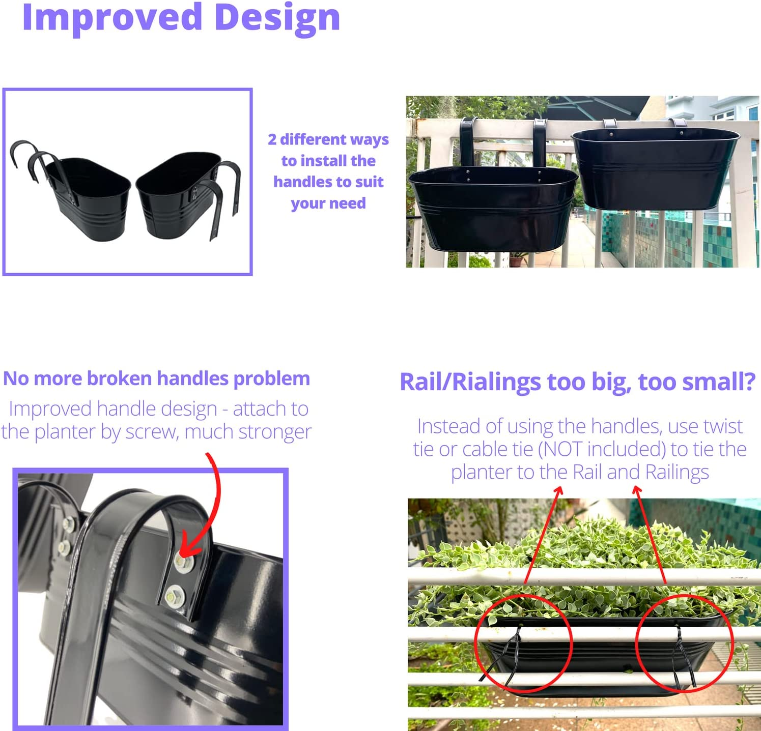 Lalagreen Railing Planter - 2 Pack, 11.2 Inch Black Metal Iron Hanging Flower Pots Deck Rail Fence Hanging Bucket Modern Countryside Style Window Box Plant Holder with Hooks for Outdoor Porch Decors image number 6