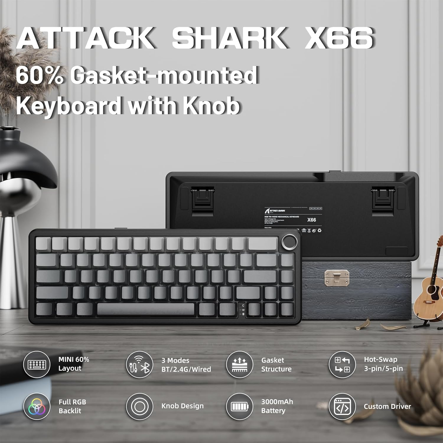 Lexonelec X Attack Shark X66 60% Wireless Mechanical Keyboard with Knob, Hot-Swap Linear Switch, 2.4G/USB-C/BT5.0, QWERTY PBT Keycaps, Mini 66 Keys RGB Gaming Keyboard for Win/Mac - Gray - Pink image number 5