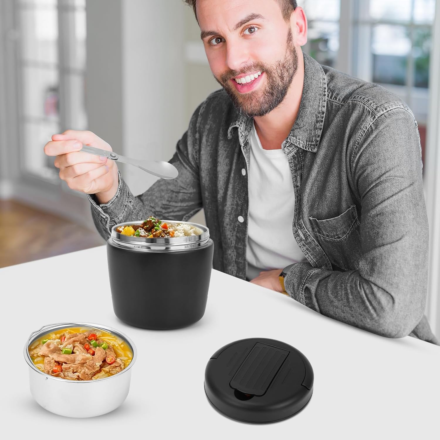 Insulated Food Jar 304 Stainless Steel 1.2L Portable Thermal Lunch Box Insulated Food Container with Spoon for School Travel Black image number 4