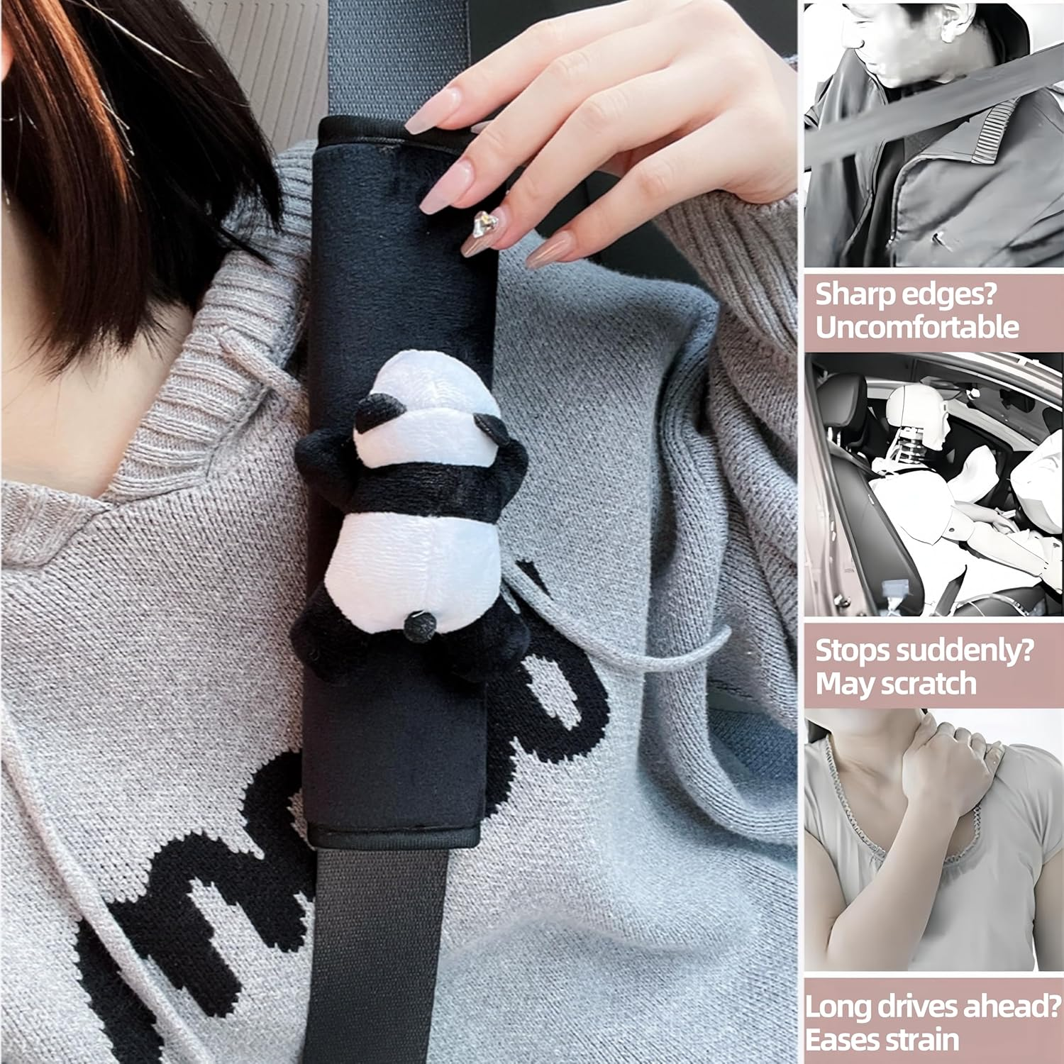 Car Seat Pillow & Seat Belt Covers 2PCS Cute Panda Car Headrest Pillow Cartoon Comfortable Neck Support Cushions Soft Plush Auto Belt Decor Wraps (2Pcs Car Pillow + Seat Belt Covers)
