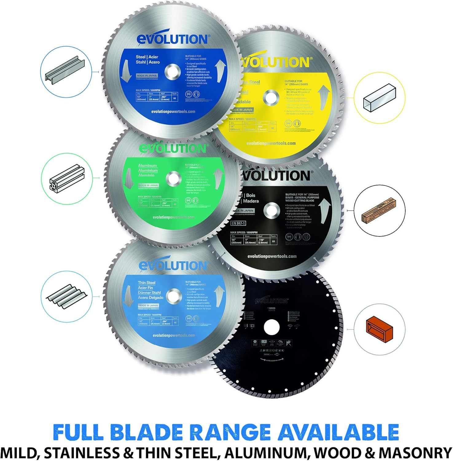 Evolution Power Tools 66TBLADE Blade for Cutting Mild Steel, for Circular and Chop Saws, Carbide-Tipped TCT Blade for Cold Metal Cutting, 66 Teeth, 355 Mm