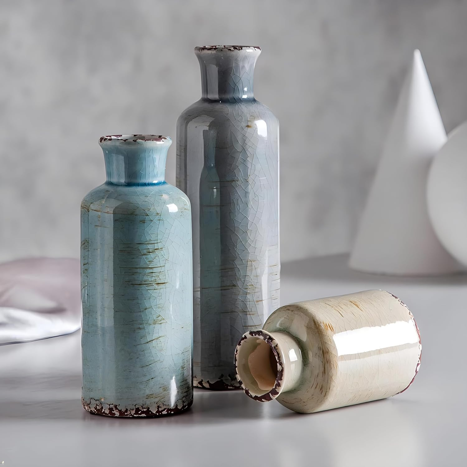 Crackled Finish Ceramic Vases Set of 3, Blue Vase,Bottle Vase,Small Vintage Ceramic Vases for Home Decor, Multicolored Shelf Floor Vases image number 6