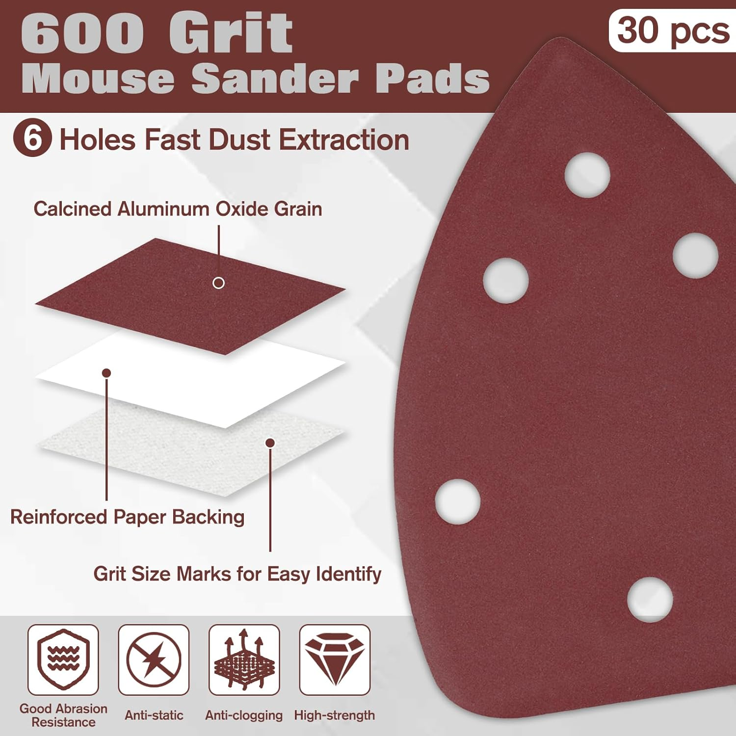 LEONTOOL 30 Pcs Mouse Sander Pads 600 Grit 6 Hole Hook and Loop Sandpaper for Detail Sander Sanding Disc image number 1