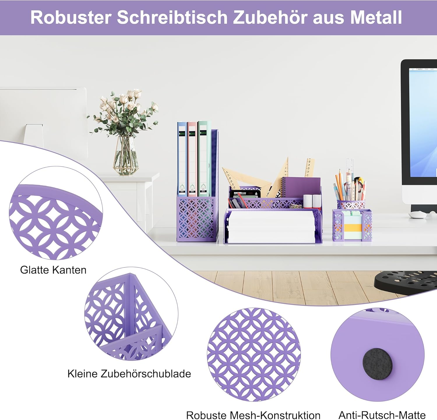 Solinxe Desk Organiser Set Made of Metal - Document Tray A4 Paper Letter Tray Pen Holder Letter Holder and Sticky Note Holder, Purple - Purple image number 2