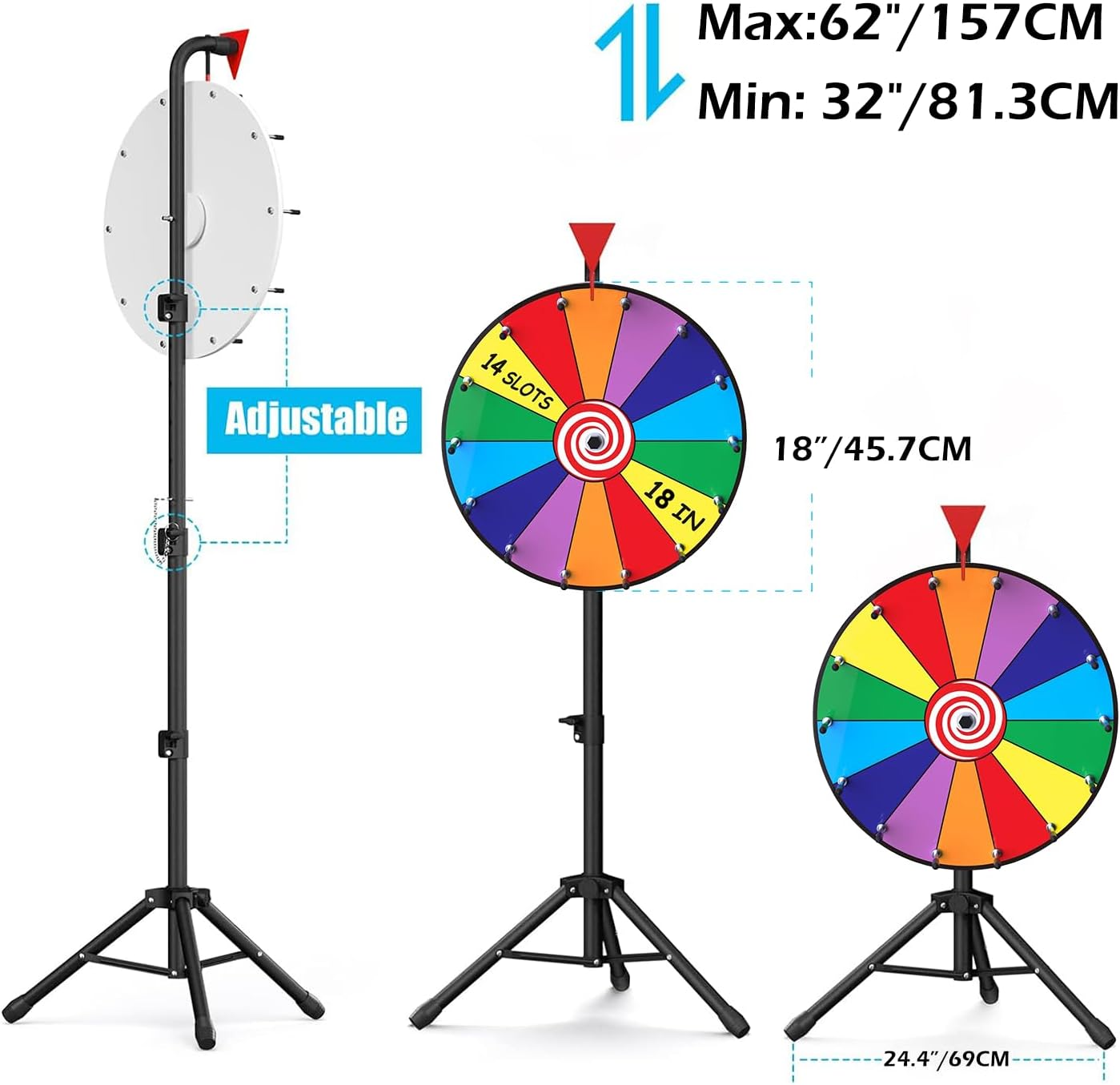 46CM Spinning Prize Wheel - 14 Slots Color Roulette Spinner with Adjustable Folding Tripod Floor Stand. Includes Marker and Eraser.Play Fortune Spin Game at Trade Show, Carnival. image number 1