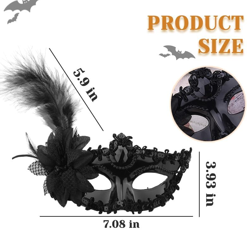 Feather Masquerade Masks for Women Rhinestone Flower Party Mask Black Costumes Lace Eye Mask for Carnivals Halloween Cosplay Masquerade Accesssories image number 6