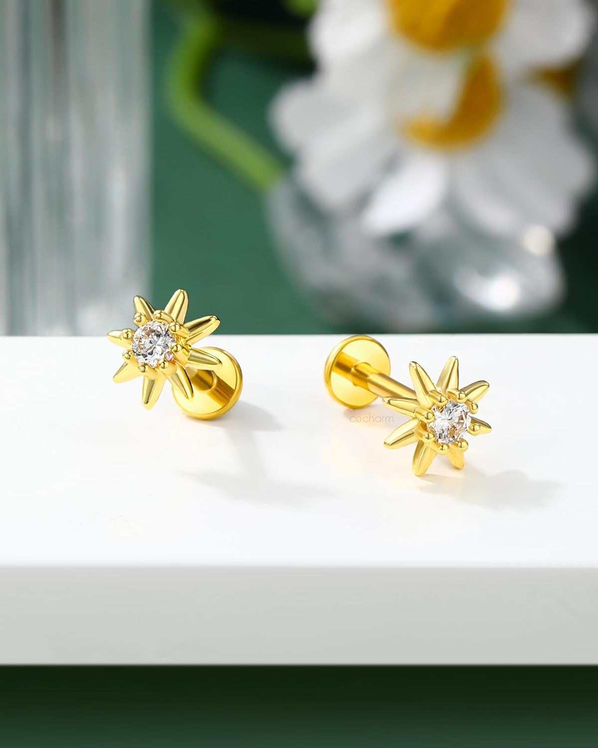 COCHARM Helix/Tragus/Conch/Cartilage Piercing Jewellery 16G 6Mm/8Mm - Threadless Star Tragus/Cartilage Earring Stud with Flat Back, Push Pin Surgical Steel Lobe Jewellery in Gold & Silver image number 2