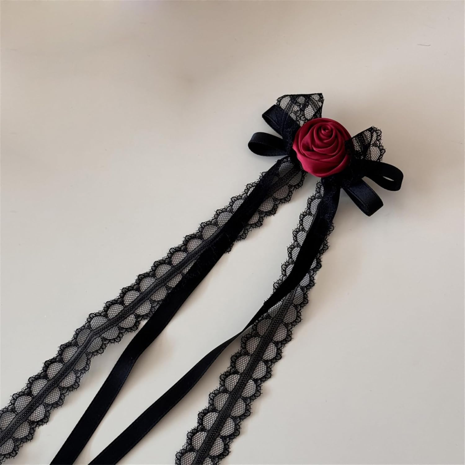 LERTREE 2Pcs Gothic Rose Hair Clips with Long Ribbon Tail, Black Lace Floral Bowknot Hair Barrettes for Halloween Cosplay Bridal Wedding image number 5