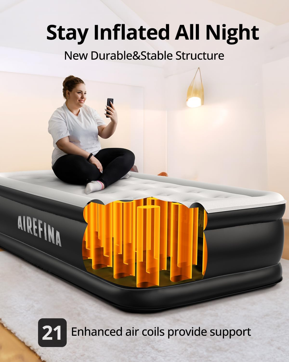 Airefina Single Size Air Mattress, 18 Raised Air Bed in 3 Mins Self Inflation, Air Mattress with Built in Electric Pump, Portable Foldable Inflatable Bed with Carrying Bag for Home & Guest image number 2