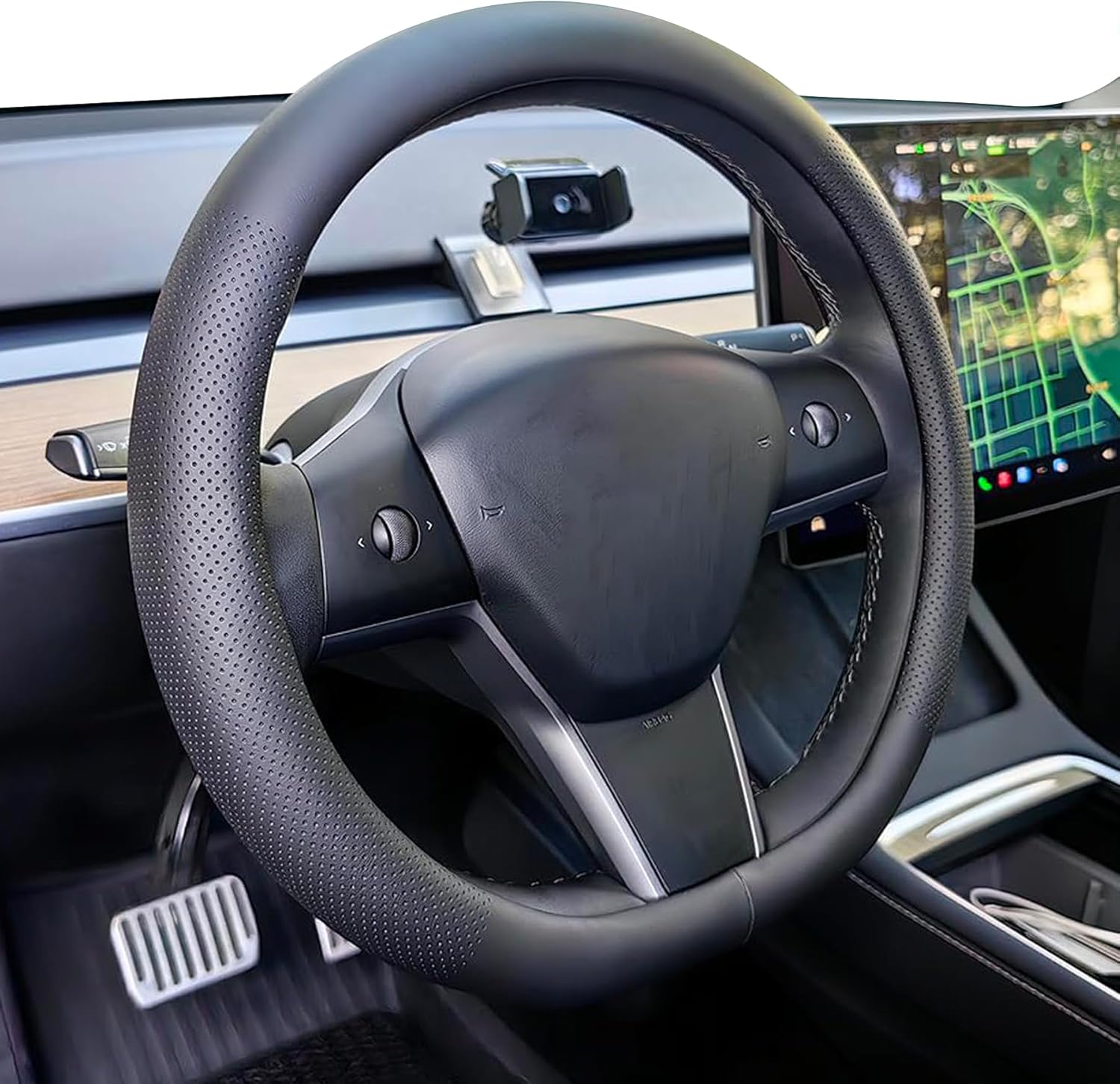 Nappa Leather Steering Wheel Cover for Tesla Model Y Juniper 2025 2026, Non-Slip Breathable Thin Comfortable Steering Wheel Protector for Model 3 Highland 2025 2024 (Black)