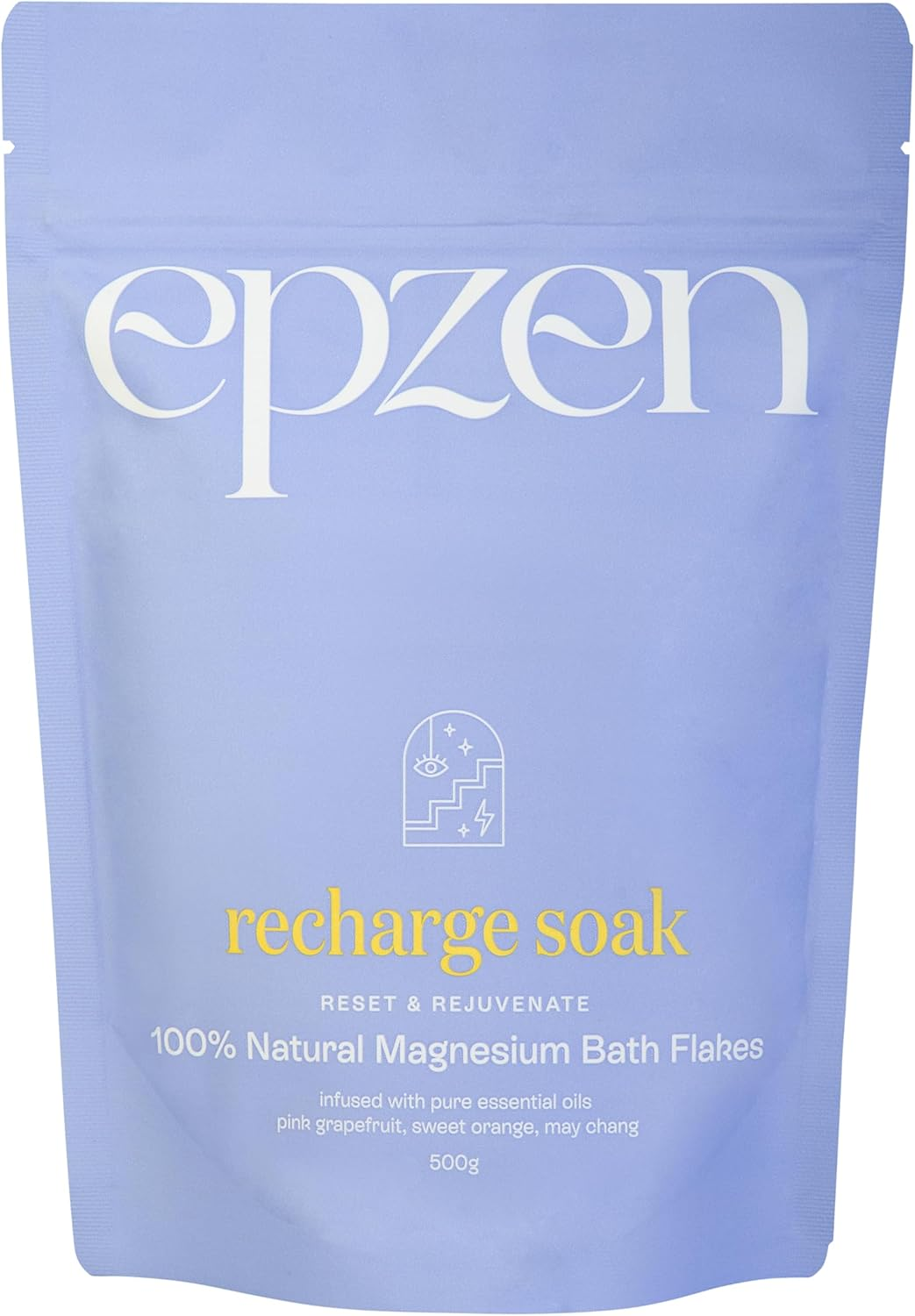 Epzen Recharge Soak Magnesium Bath Salts - Natural Epsom Salt Flakes with Grapefruit, Sweet Orange & May Chang Oils - Muscle Relaxation & Refuelling Bath Soak - 500G image number 2