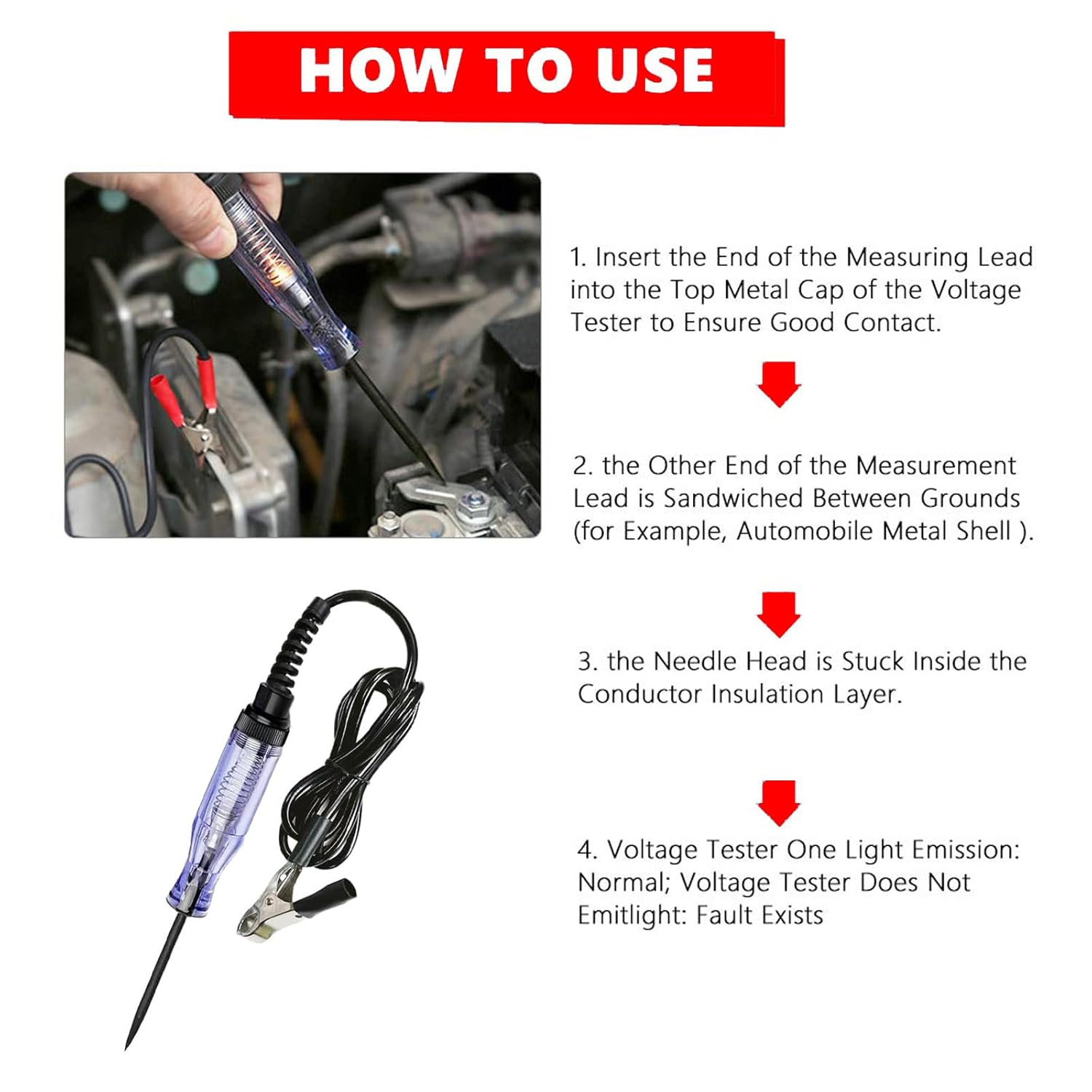 Test Light Automotive, Circuit Tester 6V-12V-24V Car Electrical Pen with Alligator Clip Long Stainless Probe, Continuity Voltage Fuse Dual Color Polarity Indicator for RV,SUV, Sedan and Truck image number 2