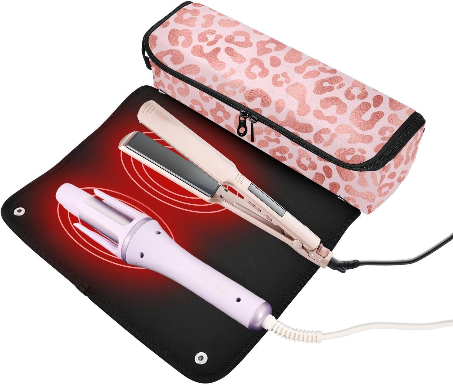 Hair Tools Travel Bag with Heat Resistant Mat Detachable 2-In-1 Curling Iron Travel Case Hot Tools Organizer for Straightener Flat Iron Red Leopard Print image number 1