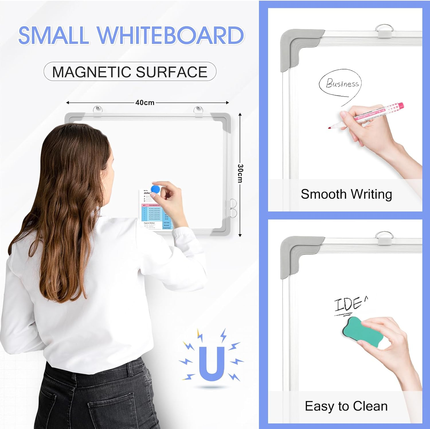QUEENLINK Magnetic Whiteboard with Aluminum Frame, 30 X 40 Cm Double-Sided White Board, Includes 8 Markers, 1 Eraser, 8 Magnets, Hanging Board for Office, Classroom, Home Study