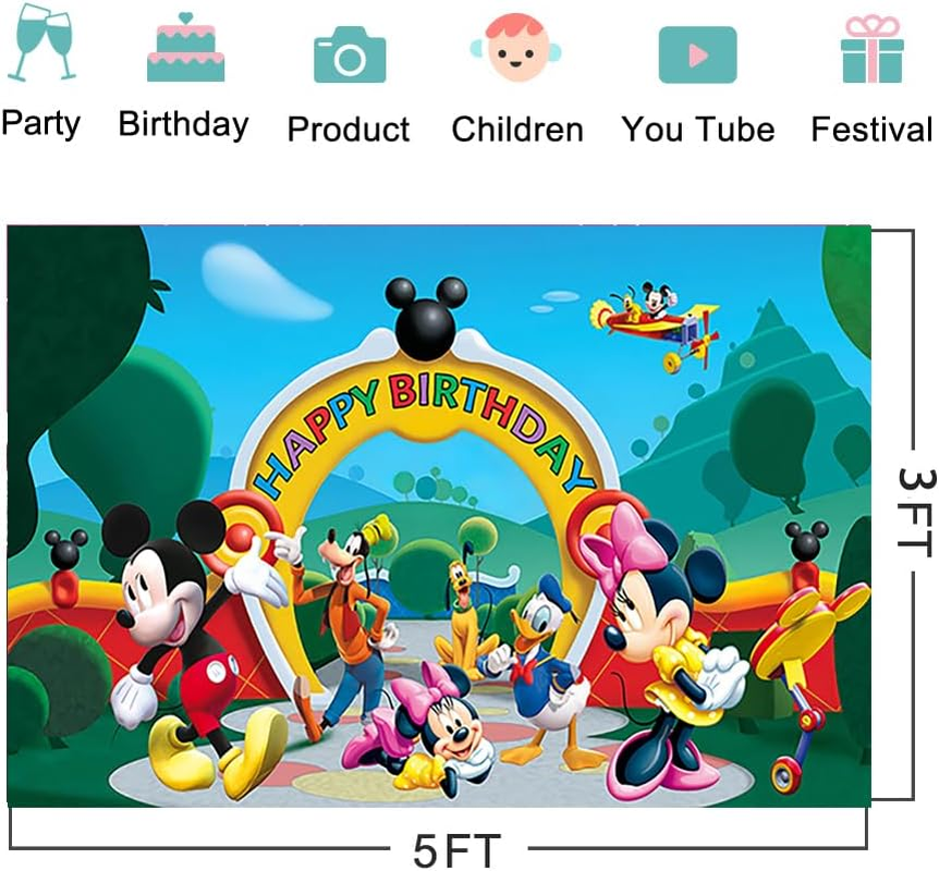 Mickey Mouse Clubhouse Backdrop for Birthday Party Decorations Background for Party Cake Table Decorations Mickey Mouse Clubhouse Theme Banner 5X3Ft