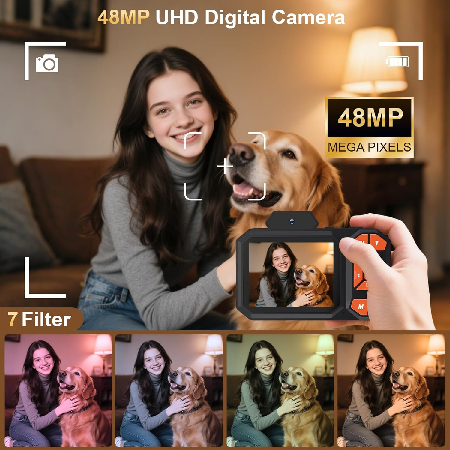 Digital Camera, 4K 48MP HD Autofocus Camera with 32G SD Card Digital Cameras Compact Camera for Children Teenagers Beginners - Black image number 5