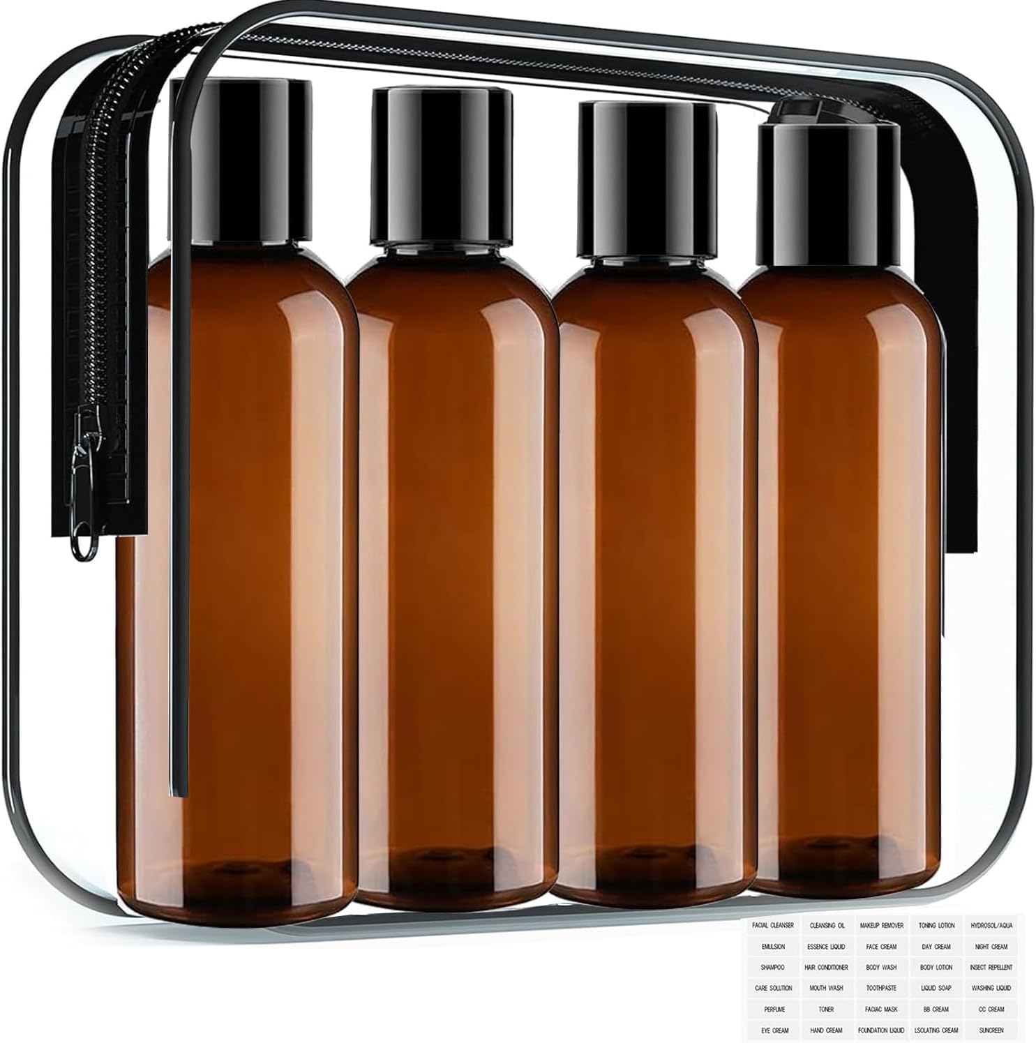 Toiletry Travel Bottles, 4Pack 3.4Oz/100Ml - Squeezable Plastic Containers with Flip Caps - Refillable Cosmetic Kit for Shampoo, Conditioner, Lotion, and Travel Essential- Brown